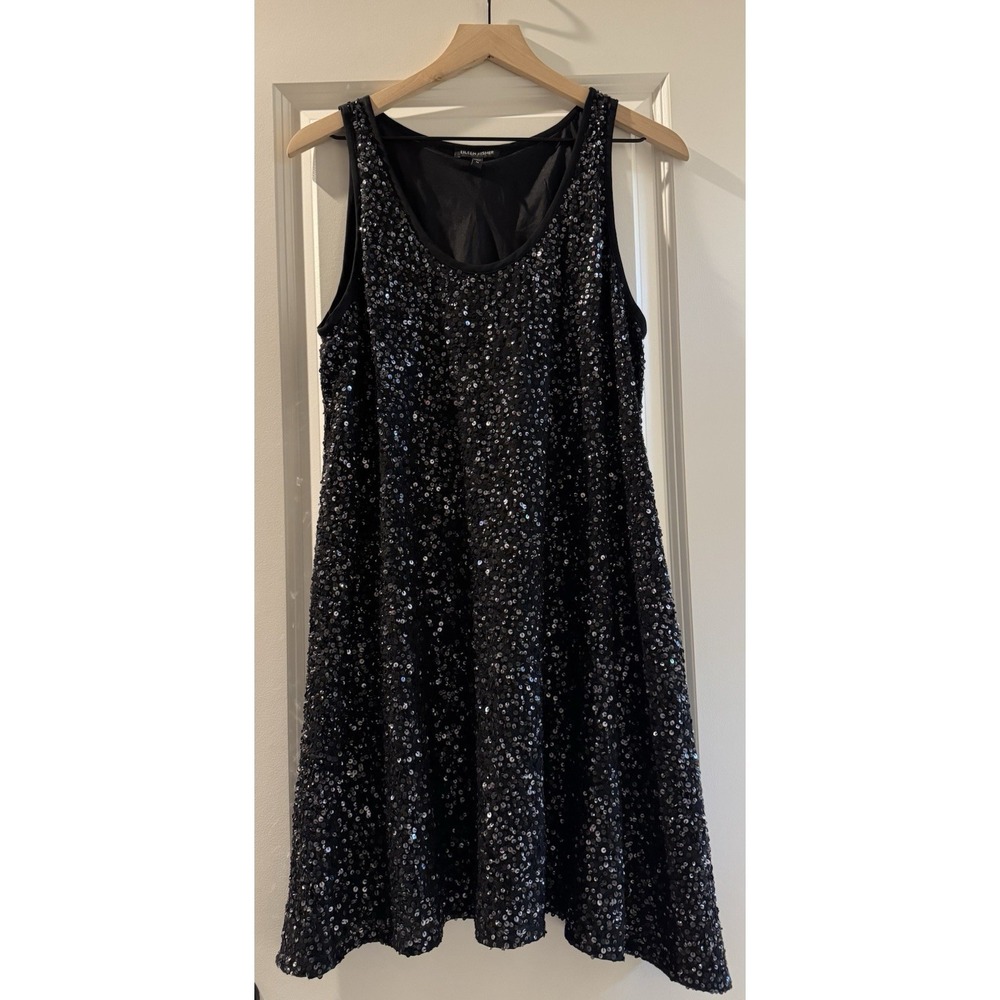 Eileen Fisher Black Sequin Silk Blend Sleeveless Swing Dress Womens M Party